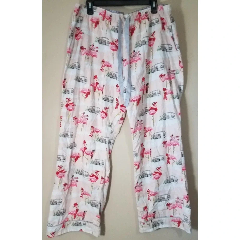 Nick & Nora Pajama Set Women XXL‎ Flannel Pink Winter Flamingo Airstream Camper